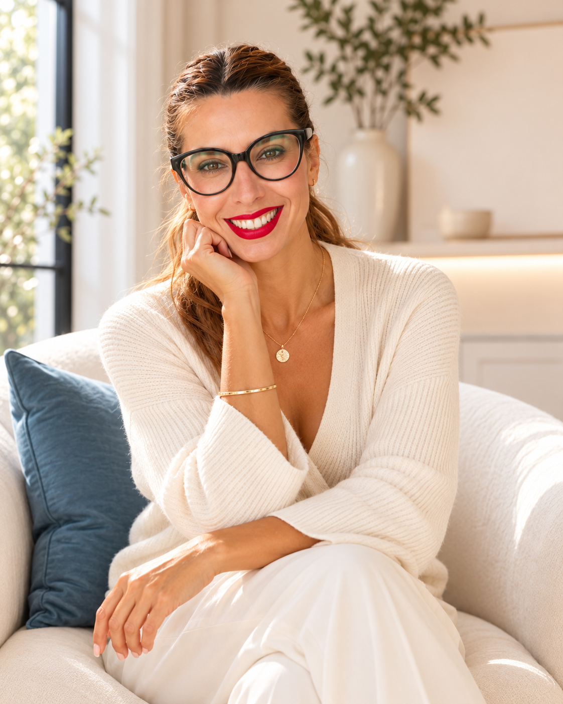 Alba García, psicóloga en Palma de Mallorca, sentada en una butaca blanca con gafas